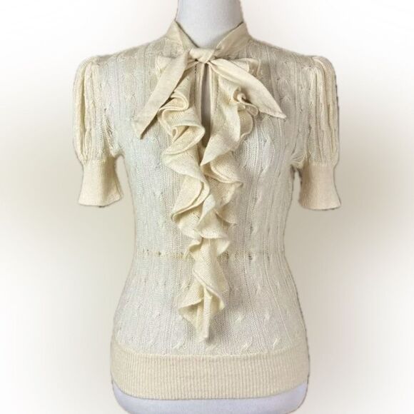 Ralph Lauren Ruffle Creamy Tie Neck Sheer Cable Knit Linen Alpaca S/S Sweater - Picture 1 of 8